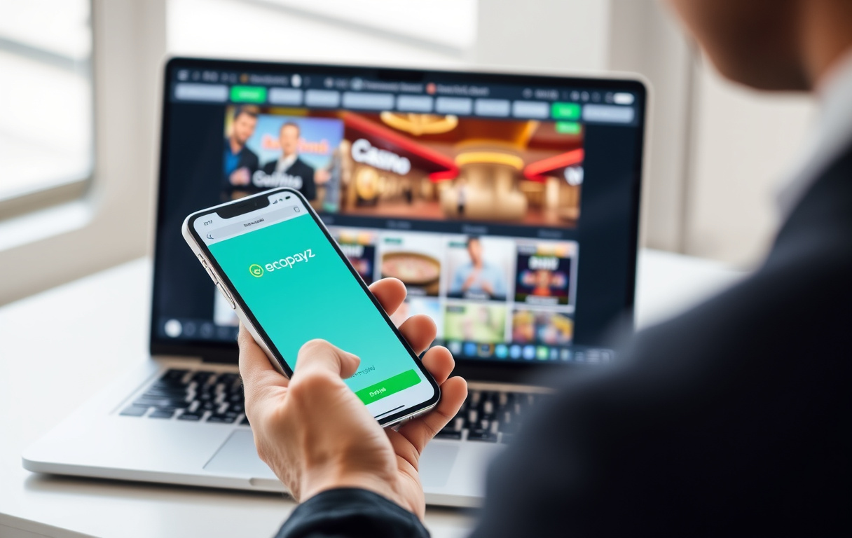 Person med mobiltelefon og Ecopayz-app samt laptop med casino.