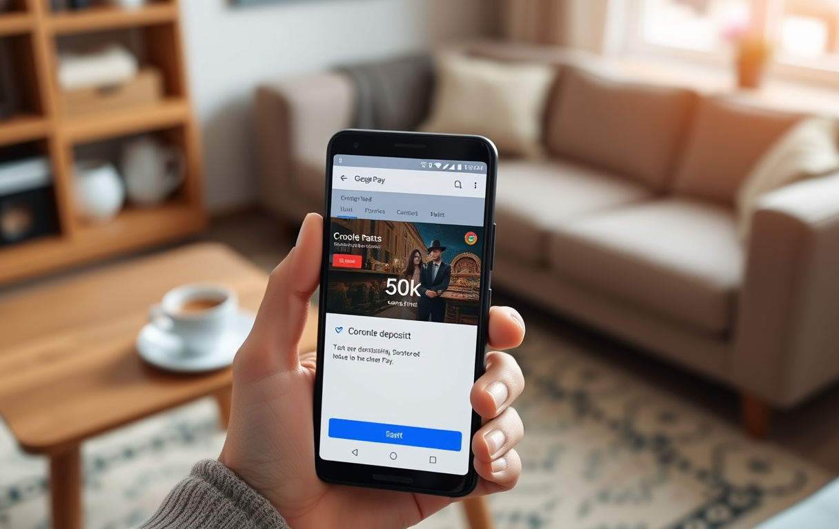 Hånd som holder Android-telefon med Google Pay og bekreftelse av innskudd på norsk casino.