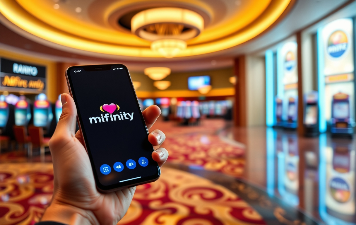 Person med MiFinity-app på mobil, casino i bakgrunnen