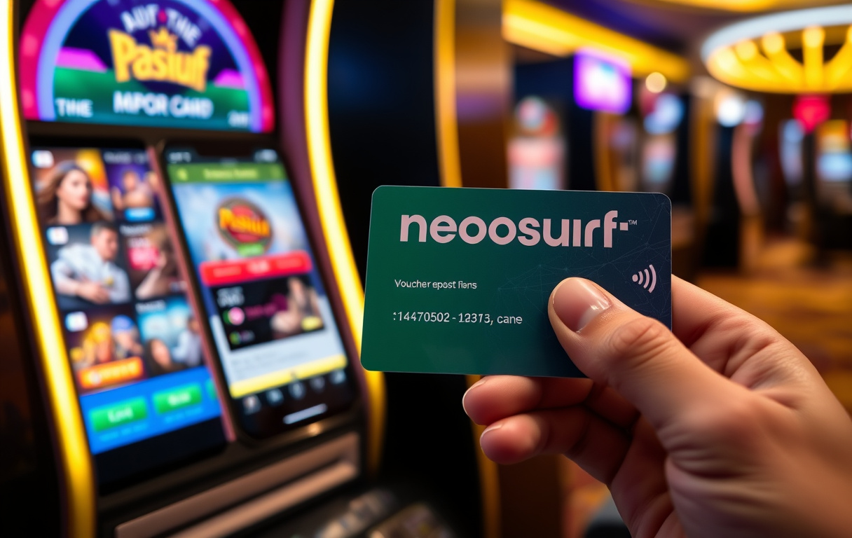 Person som holder en Neosurf-kupong med PIN-kode ved siden av en mobiltelefon som viser innskuddsskjerm på et casino.