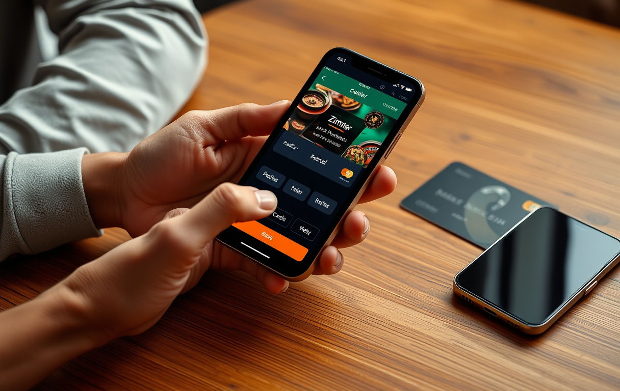 En person holder en mobiltelefon med casinoets kasse åpen og Zimpler valgt som betalingsmetode. Bankkort og telefon ligger på et bord.