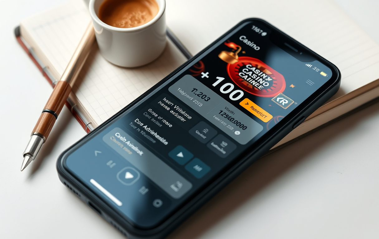 Mobilskjerm med 100 kr gratisbonus på et nettcasino, med notatbok og kaffekopp.