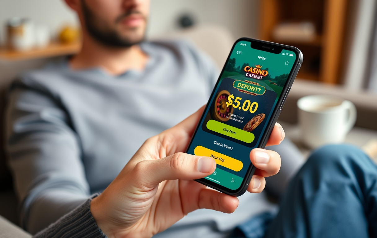 En person sitter i en stue og ser på en mobiltelefon med et casino-tilbud om innskuddsbonus. Kopp med kaffe på bordet. Avslappet, ekte stemning.