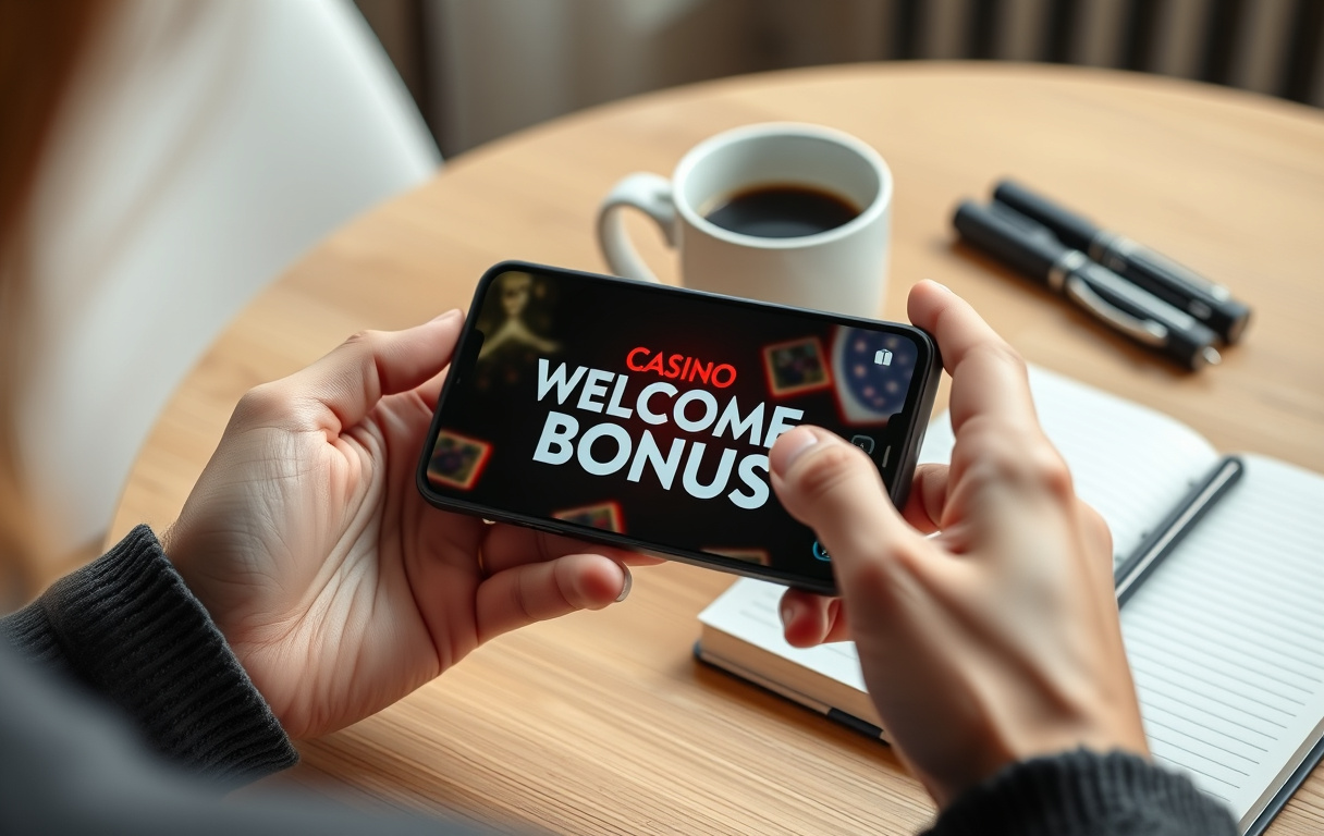 Person som holder en mobiltelefon med en velkomstbonus på skjermen, kaffekopp og notatbok på bordet.