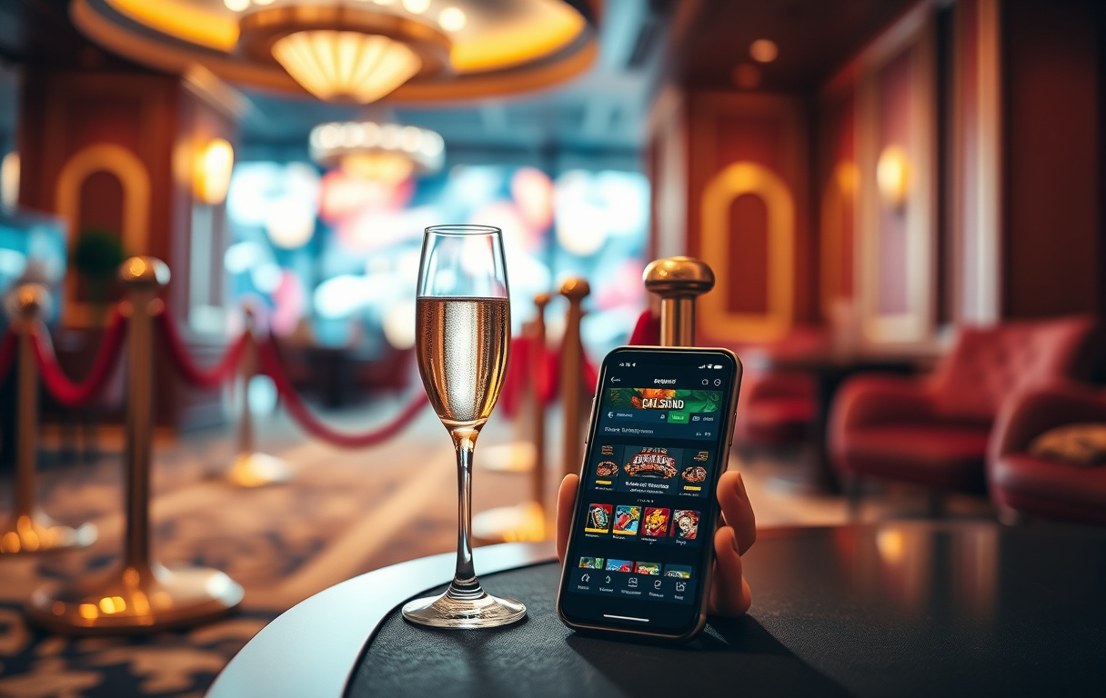 Eksklusivt VIP-område i et casino med champagne og mobiltelefon med casinospill