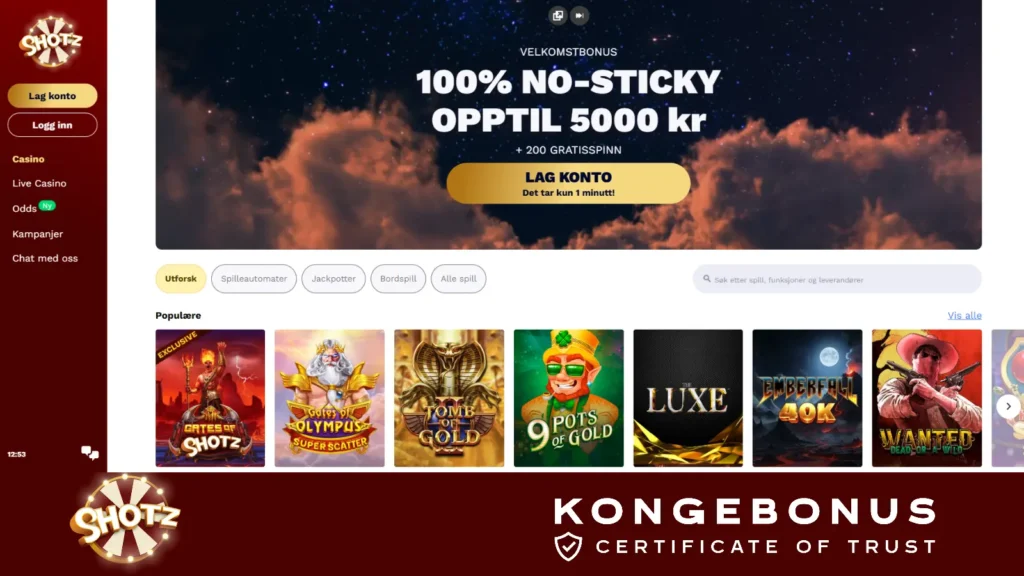 Shotz Casino – skjermbilde fra nettsiden