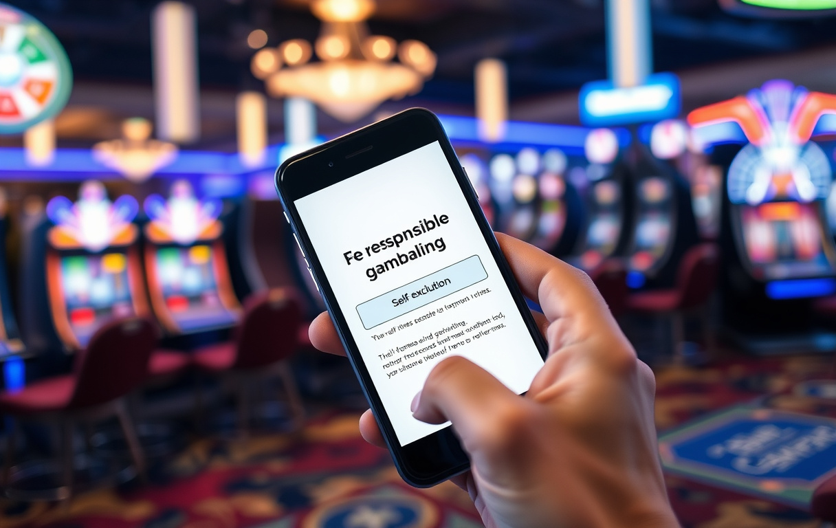 Person holder en mobiltelefon med selvekskluderingsskjerm på et casino, illustrasjon av ansvarlig spilling