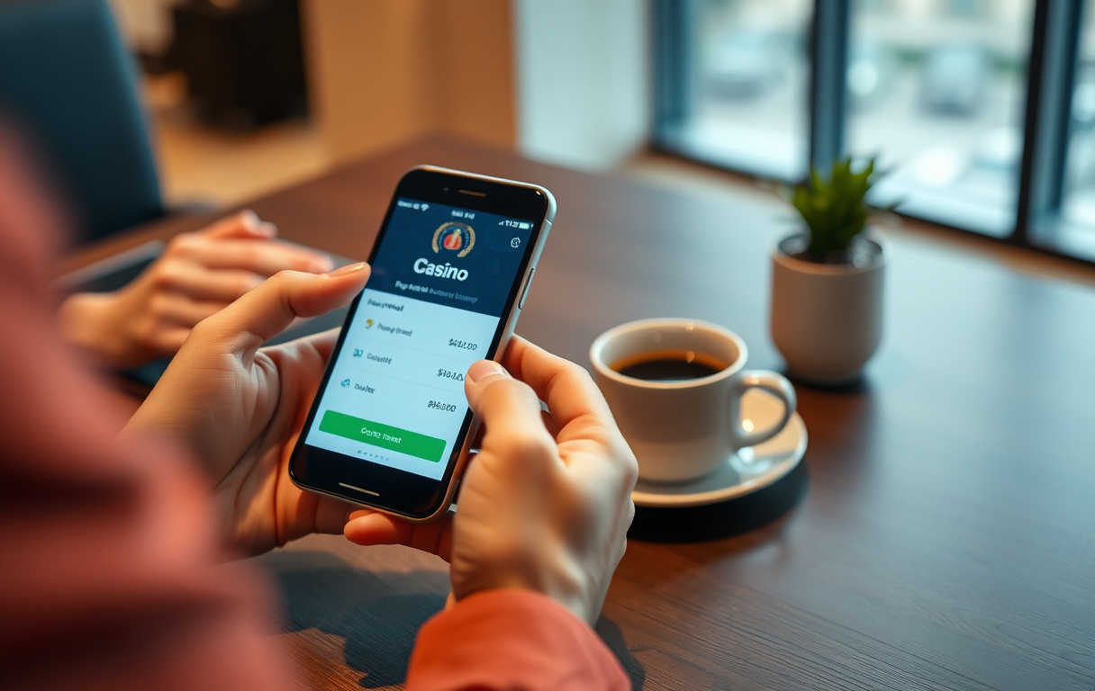 Person som betaler med mobil på et nettcasino, med bekreftelse på skjermen.