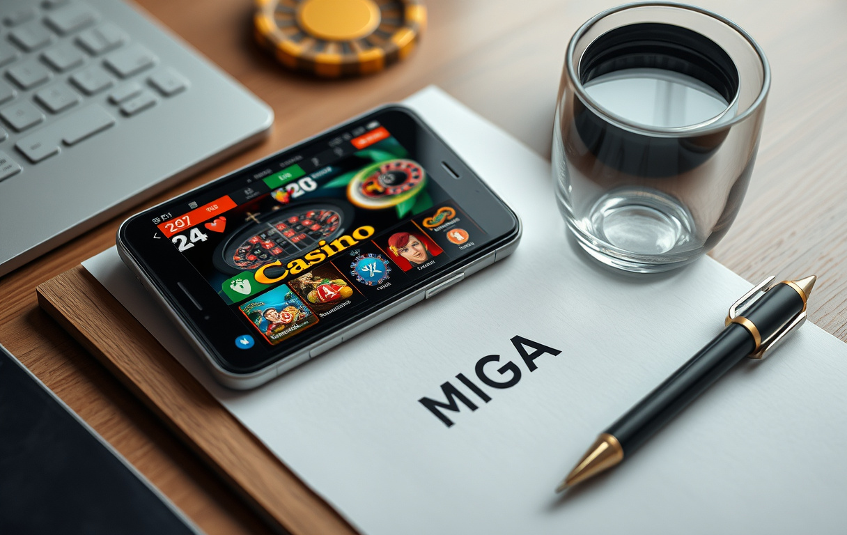 Smarttelefon med casino-nettside og forstørrelsesglass over MGA-lisenssegl på skrivebordet.