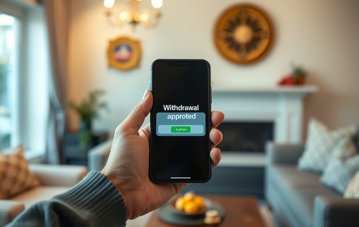 Person med mobil som viser godkjent uttak fra nettcasino.
