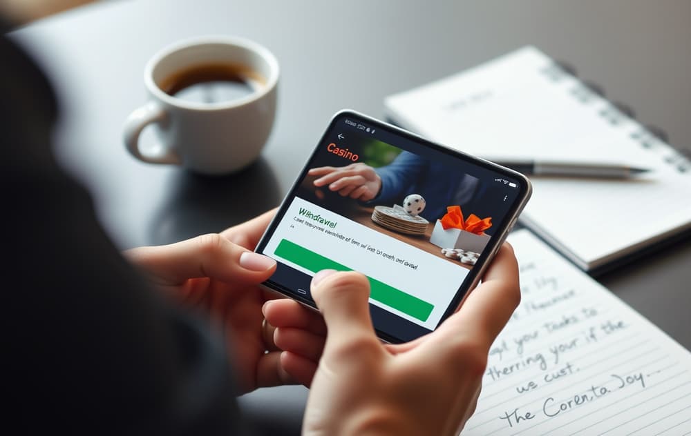 Person med smartphone som viser utbetalingsbekreftelse fra nettcasino, med notatbok i bakgrunnen.