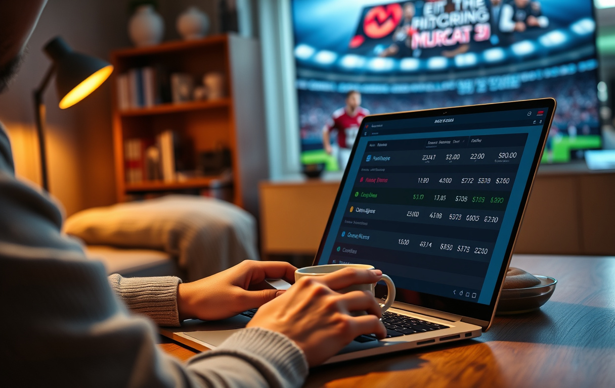 Person som sammenligner odds på laptop med fotballkamp på TV.