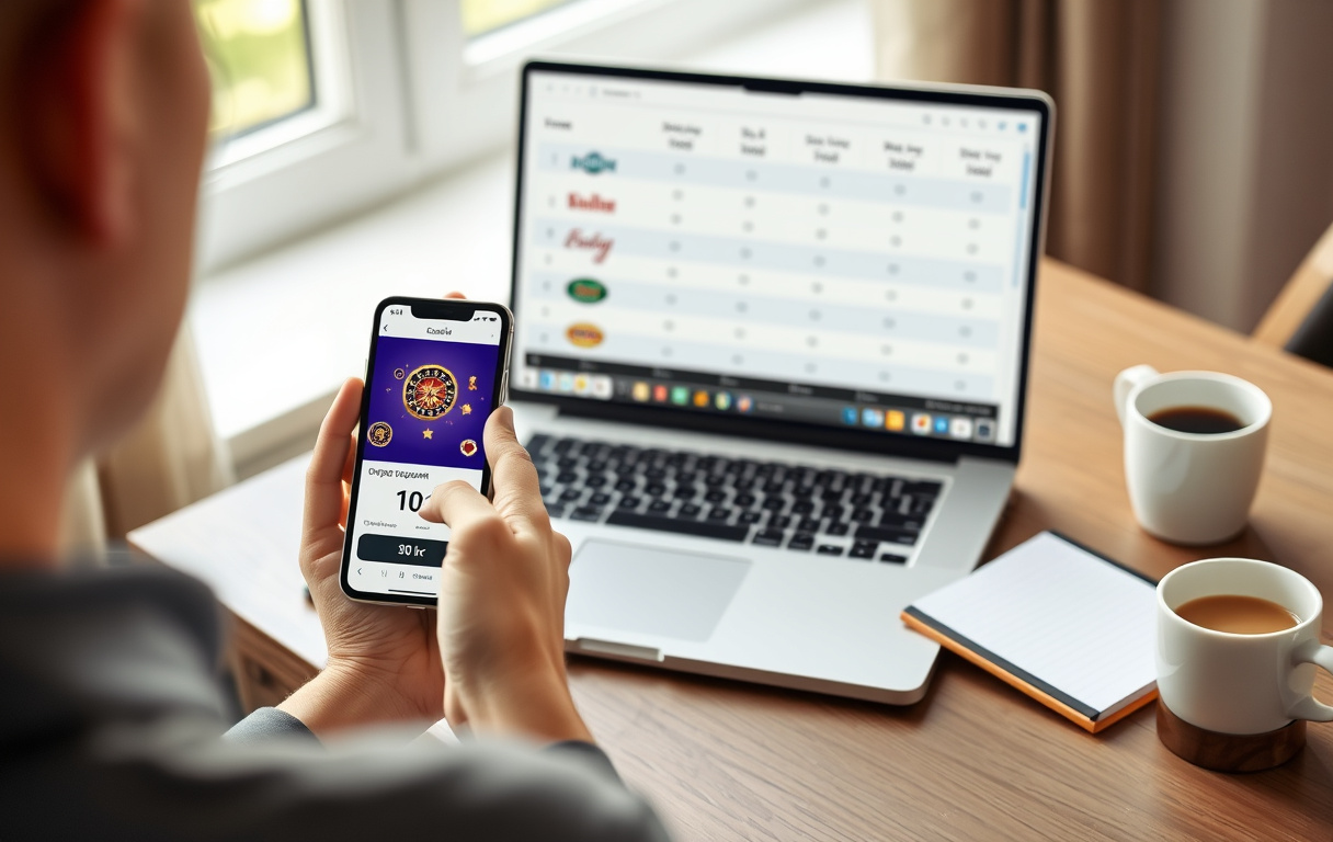 Norsk spiller som sjekker casino med lavt innskudd på mobilen, med sammenligningstabell på PC-skjermen.