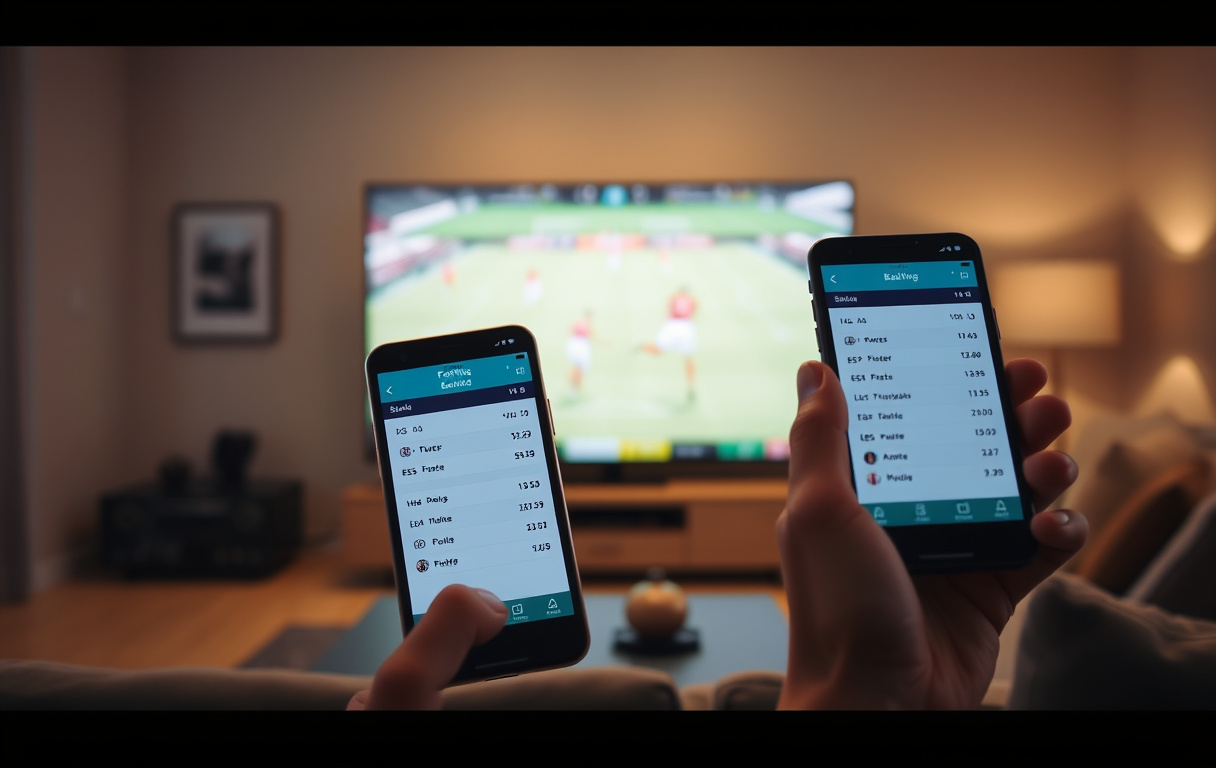 Person som sjekker fotballodds på mobil foran TV-en