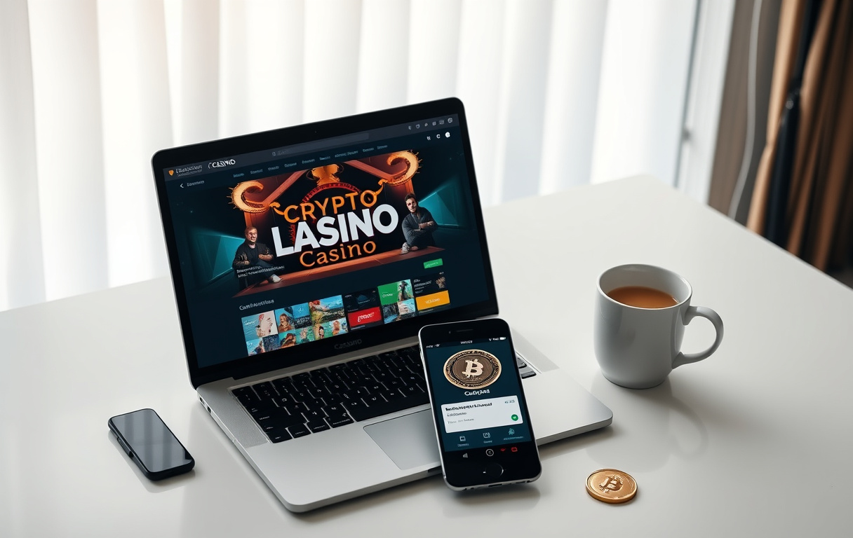 En person som sitter ved en pult med laptop og mobil, viser et kryptocasino og en Bitcoin-transaksjon.