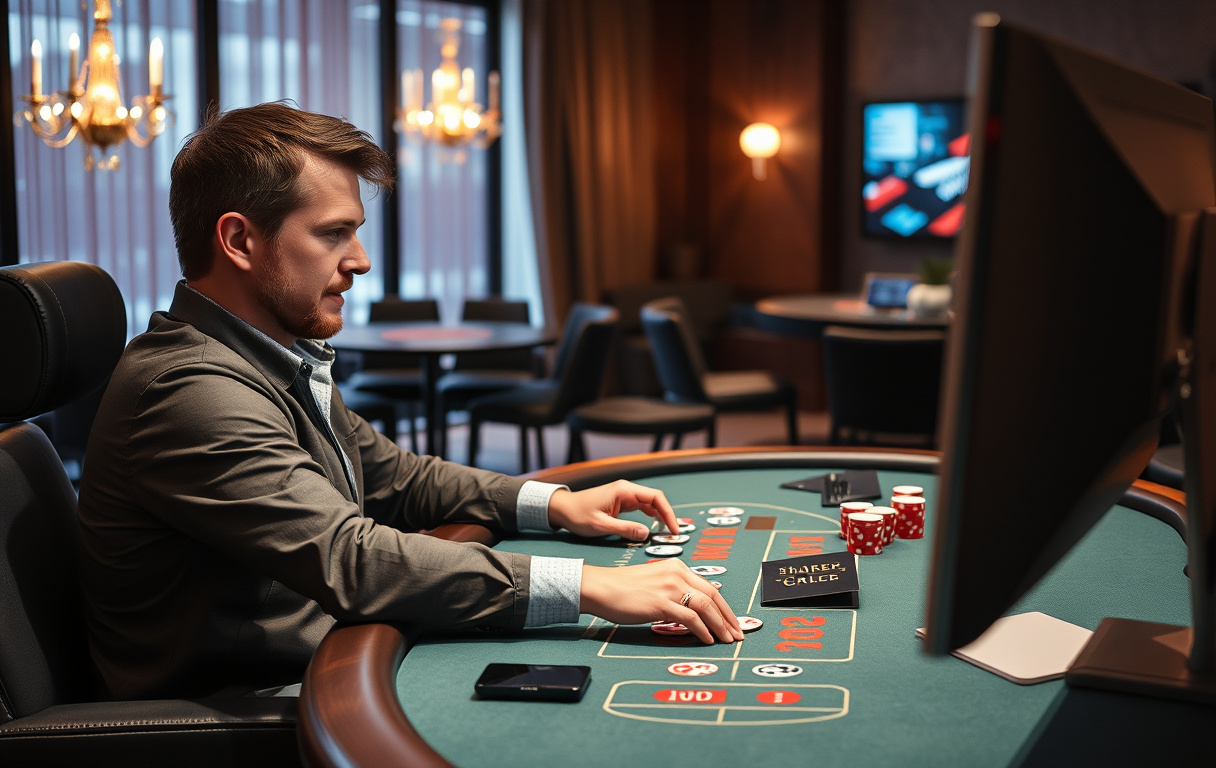 Spiller som spiller live blackjack på bærbar PC med dealer på skjermen