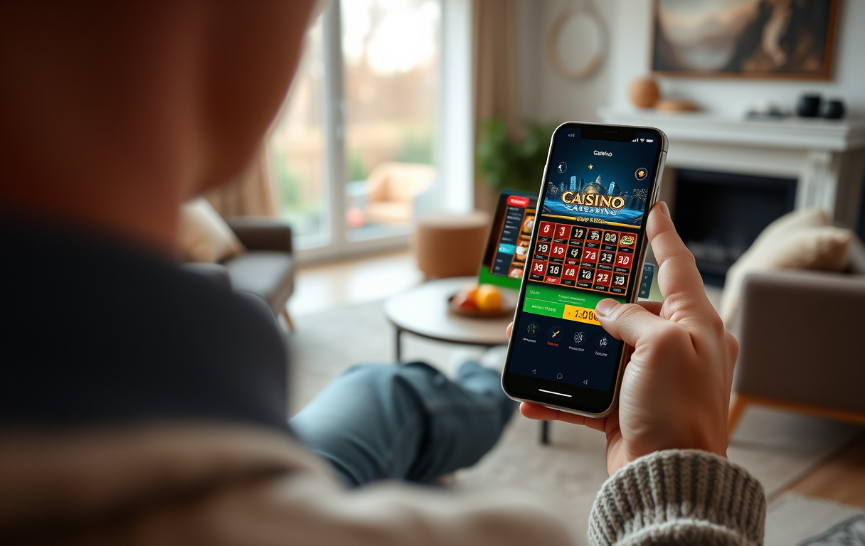 Person som holder en smarttelefon med et casinospill på skjermen, sittende i en stue.