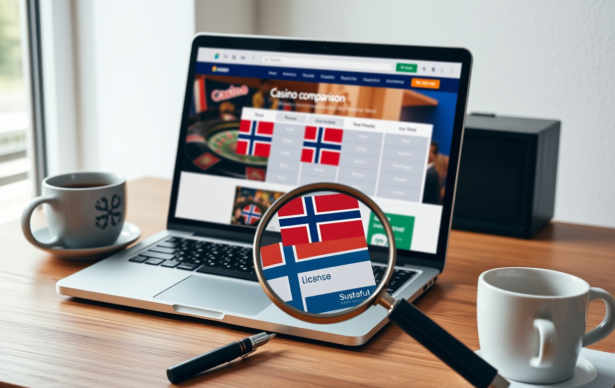 Sammenligning av norske casino på en bærbar PC med norske flagg og forstørrelsesglass på lisensmerke.
