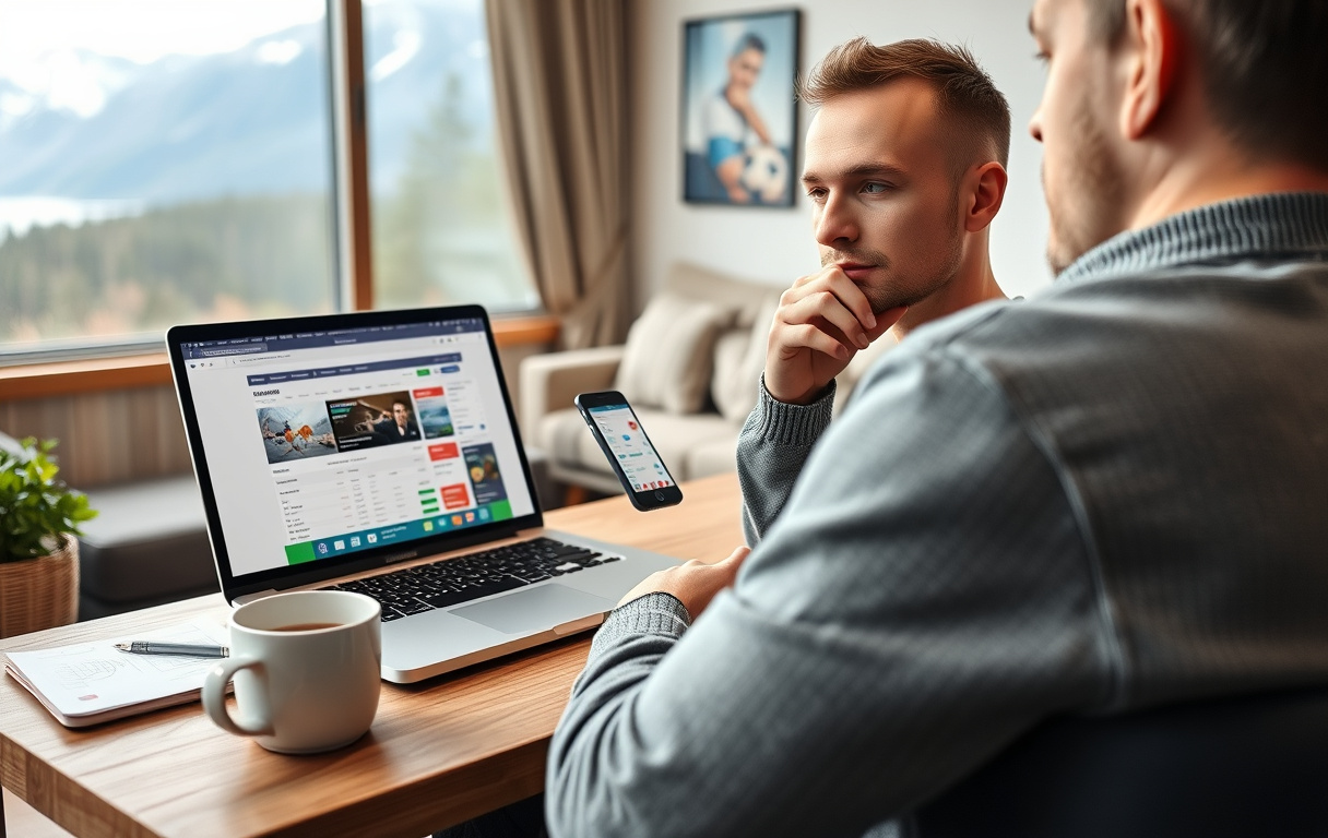 Person som sammenligner odds på en bærbar PC med en kopp kaffe ved siden av.