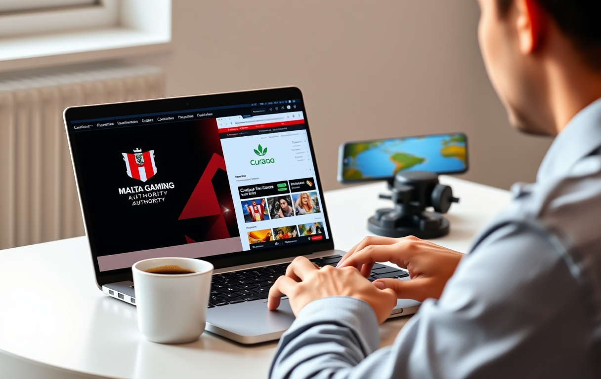 En person sammenligner to casinoer på en laptop, med fokus på lisenslogoer.