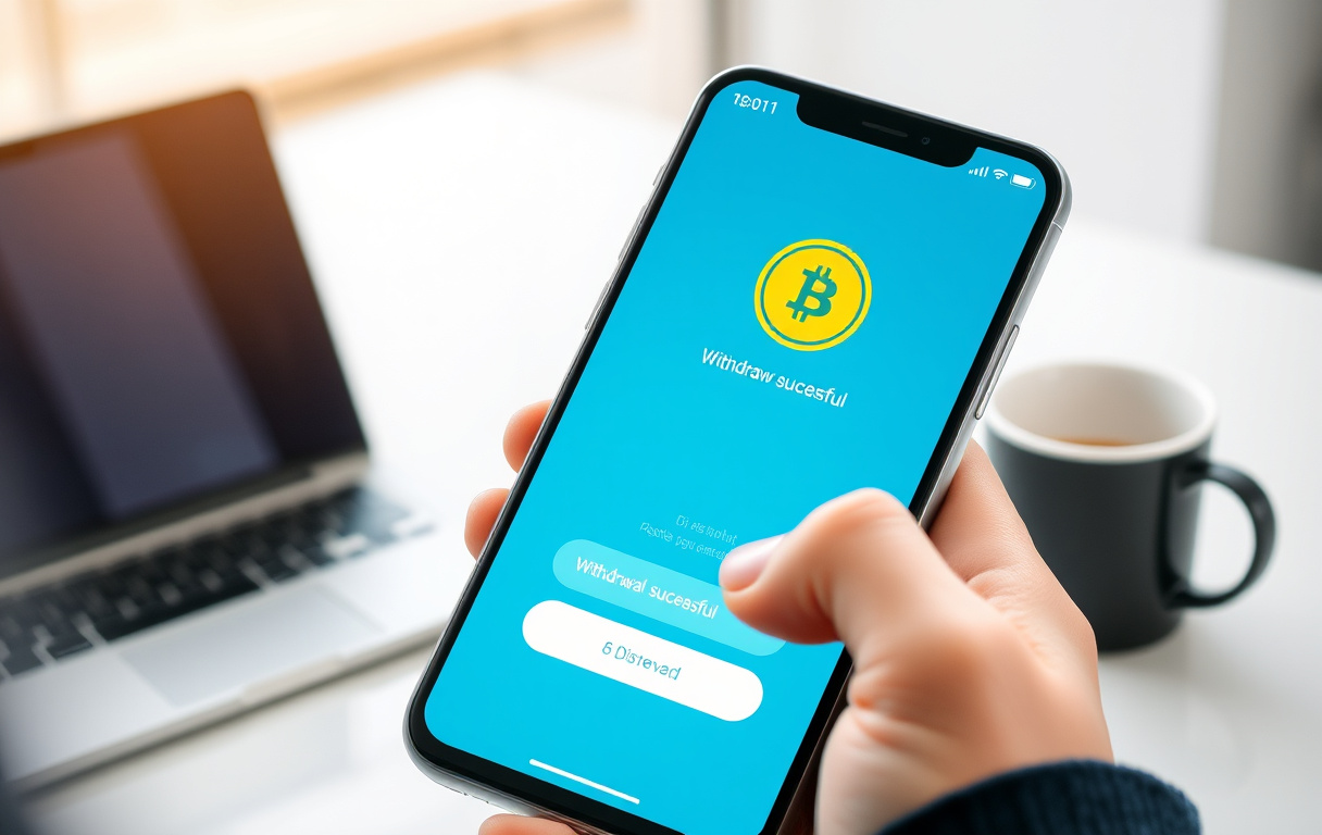 Person som tar ut penger fra et nettcasino via mobil, med digital lommebok og Bitcoin-symbol i bakgrunnen.