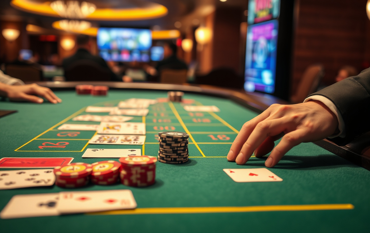 Blackjack-bord med kort og sjetonger, dealerens hånd synlig