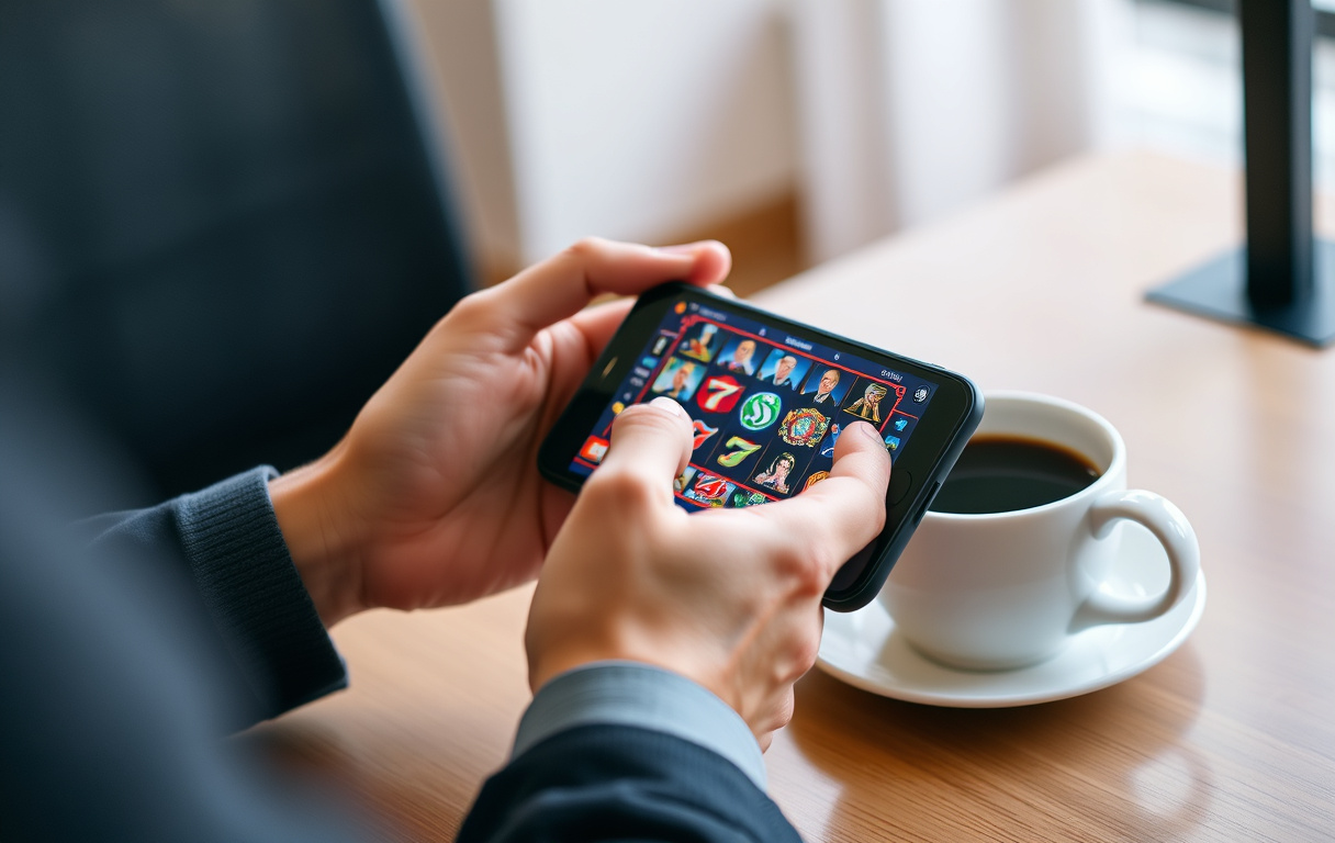 En person som spiller casinospill på mobiltelefon ved et skrivebord