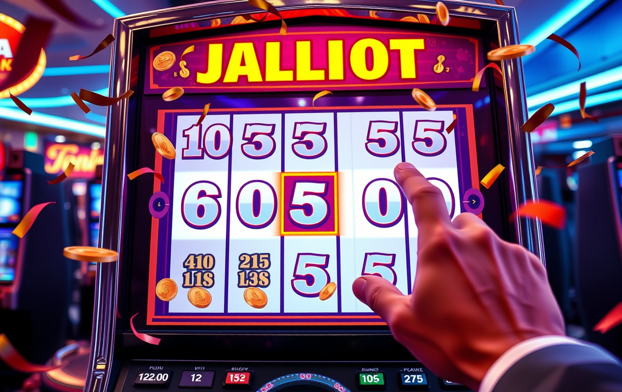 Spilleautomat med progressiv jackpot på over 200 millioner kroner, feiring med mynter og konfetti.