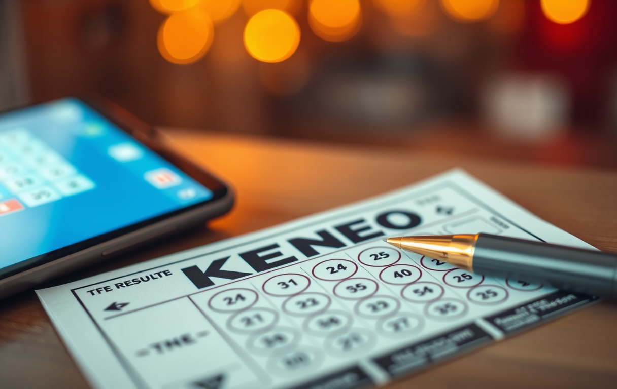 Keno-billett med penn, smarttelefon som viser Keno-resultat i bakgrunnen