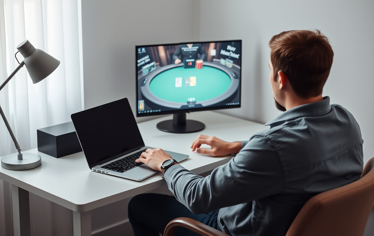 Person spiller poker på nett på en bærbar PC, skjermen viser pokerbord med kort og sjetonger
