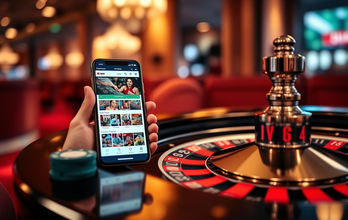 Rulettbord med sjetonger og mobiltelefon med norsk casino-side