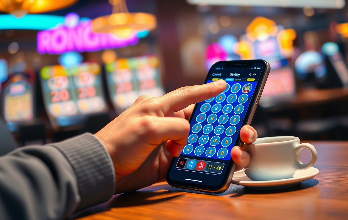 En person skraper et digitalt skrapelodd på en mobiltelefon, med et uklart casino-bakgrunn og en kaffekopp på bordet.