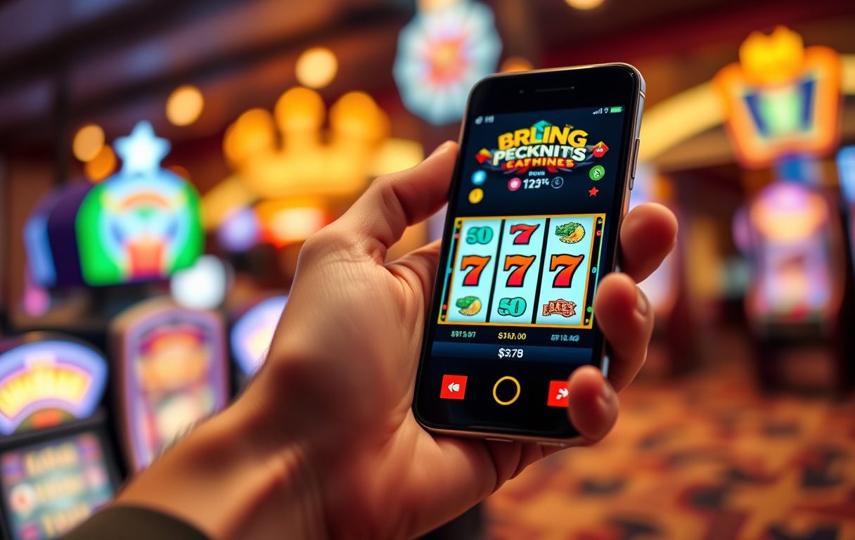 En hånd som holder en smarttelefon med en spilleautomat på skjermen, bakgrunnen er et uklart casino